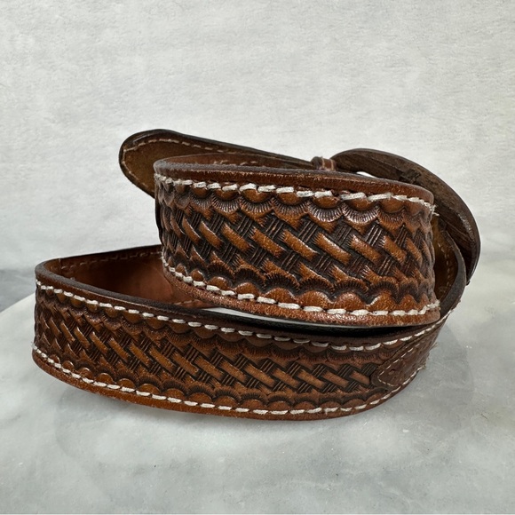 Vintage Brown Leather Belt Wooden Buckle tooled western hippie 70s bohemian boho - Picture 5 of 15